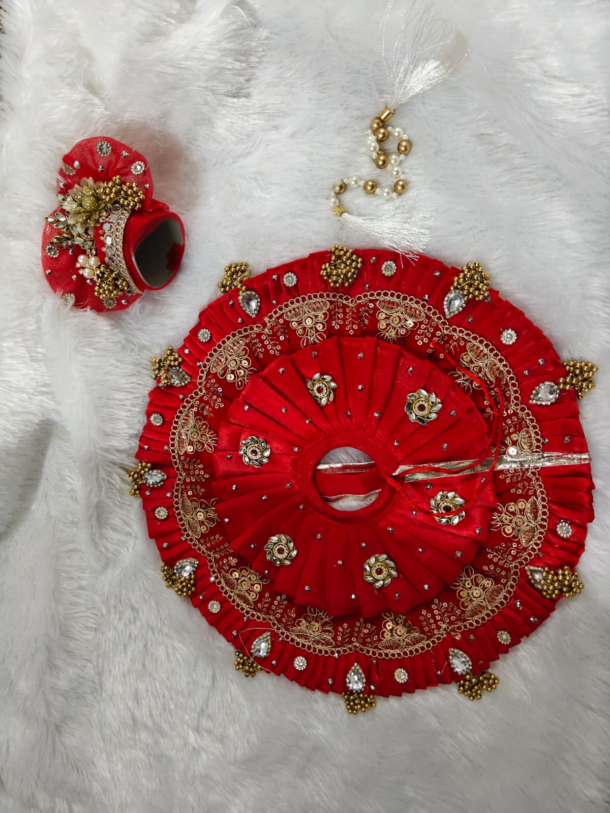 3. Traditional Red Krishna Ji Dress with Crown & Accessories